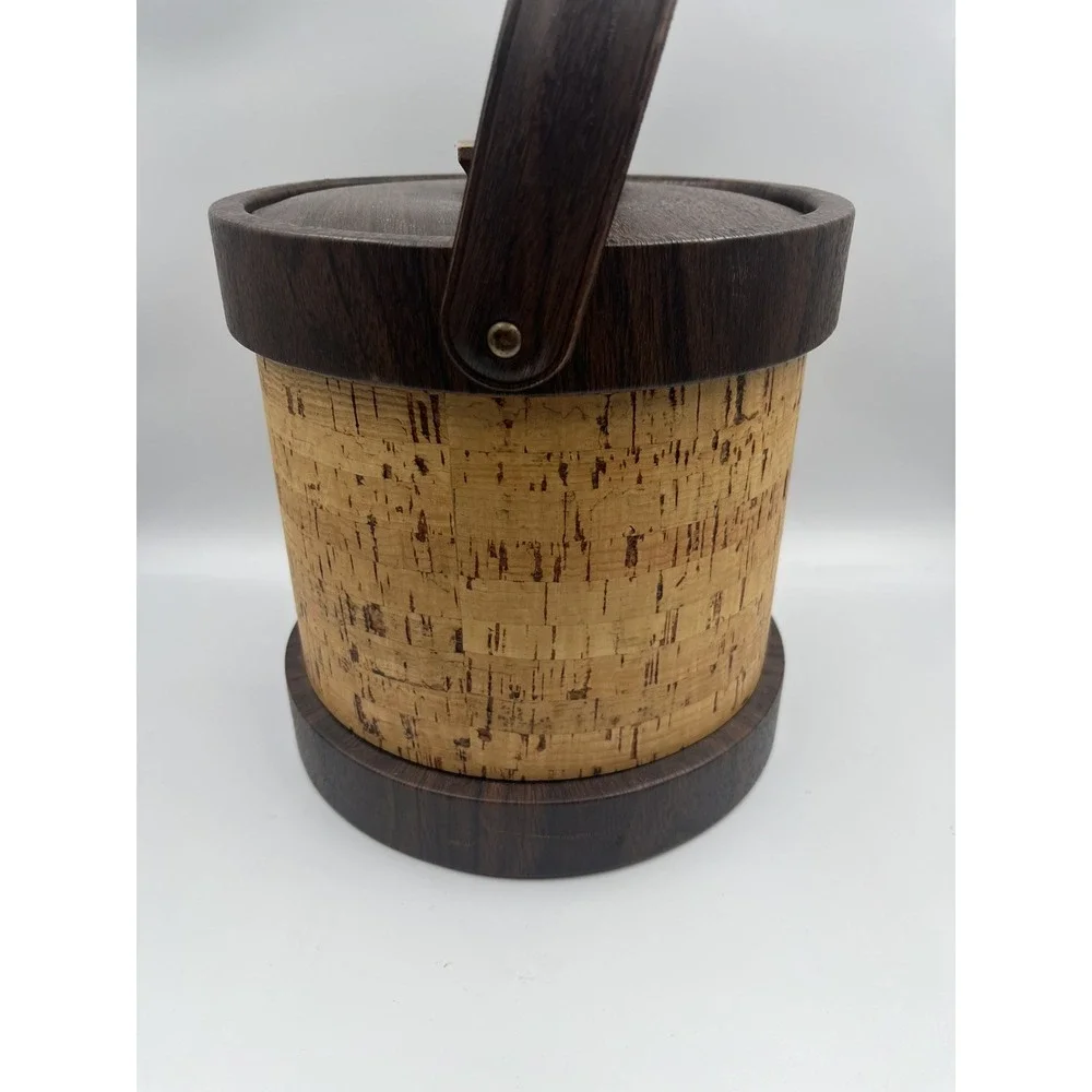 Vintage 1970s Cork Ice Bucket Faux Wood Grain MCM Barware Retro Decor